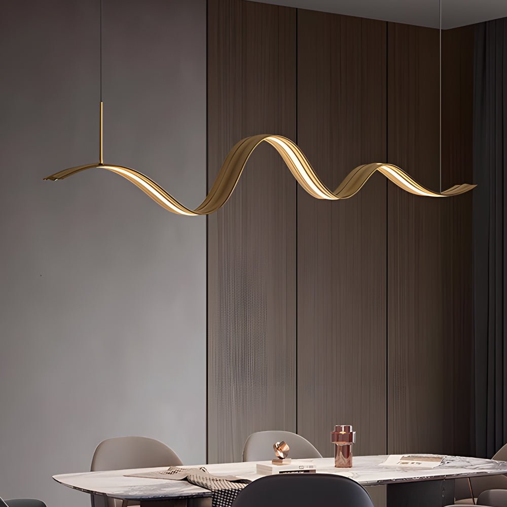 1 Light Linear LED Brass Elegant Flow Wave Pendant Light for Kitchen Island