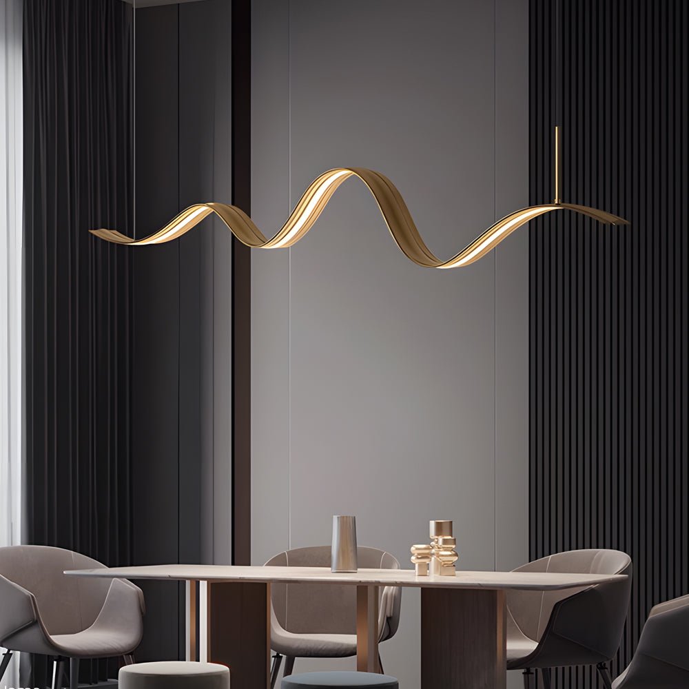 1 Light Linear LED Brass Elegant Flow Wave Pendant Light for Kitchen Island
