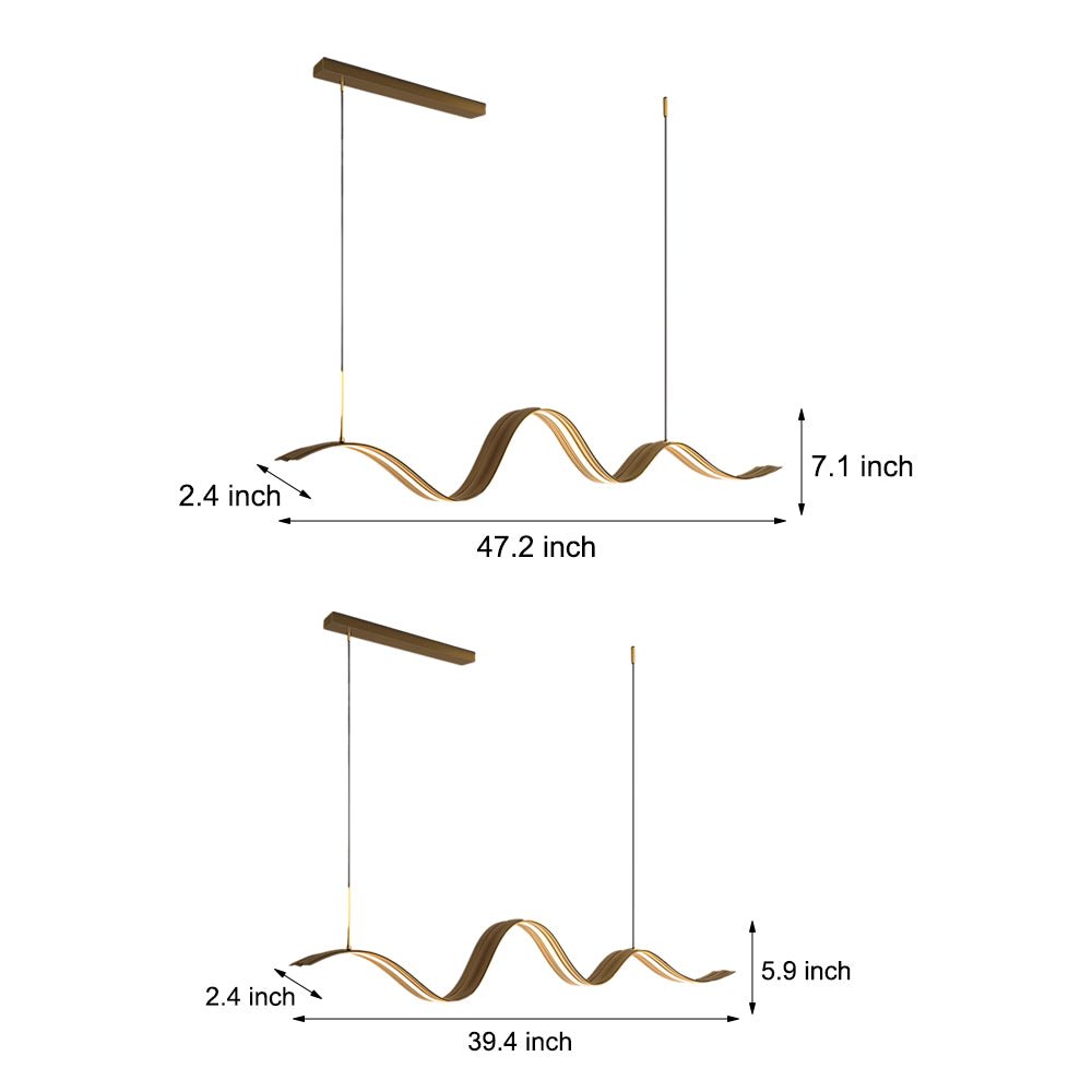 1 Light Linear LED Brass Elegant Flow Wave Pendant Light for Kitchen Island