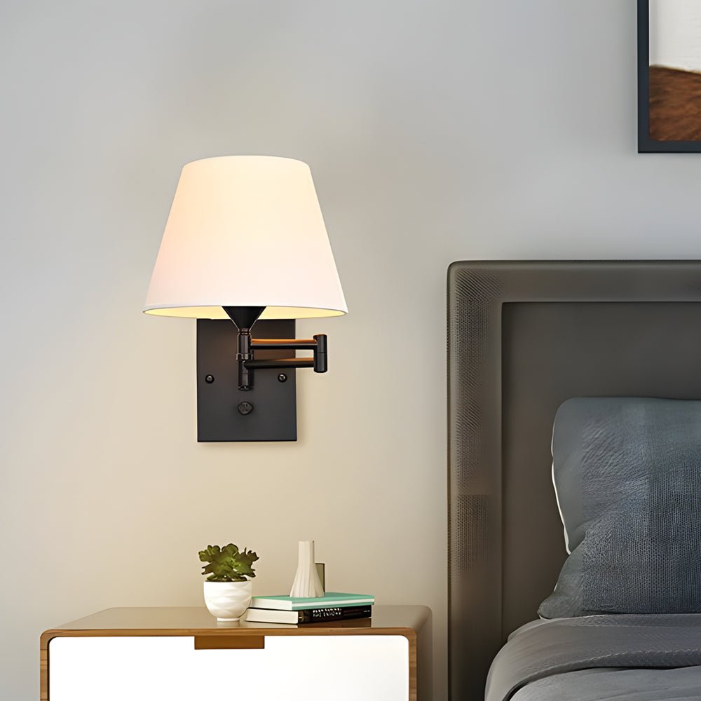 1-Light Linen/Brown/White Plug-In Swing Arm Wall Lamp with Fabric Shade