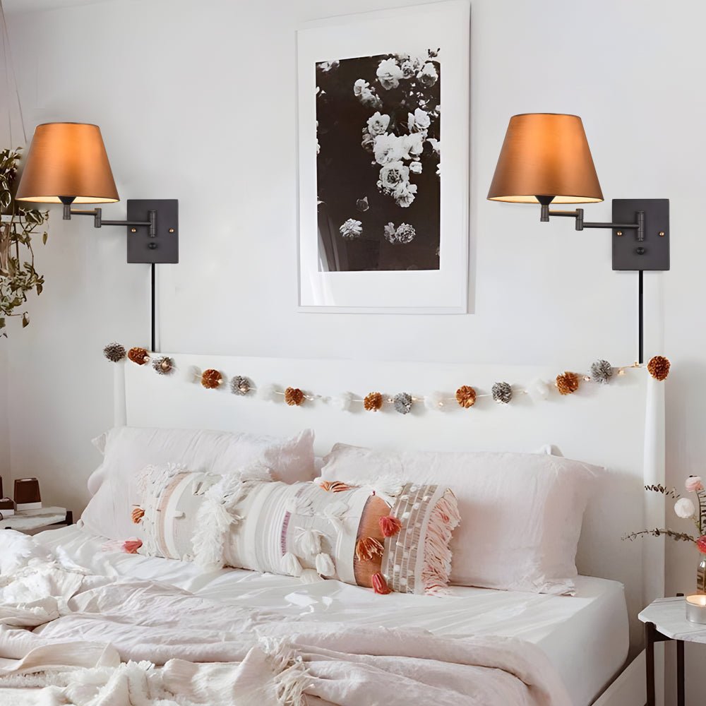 1-Light Linen/Brown/White Plug-In Swing Arm Wall Lamp with Fabric Shade