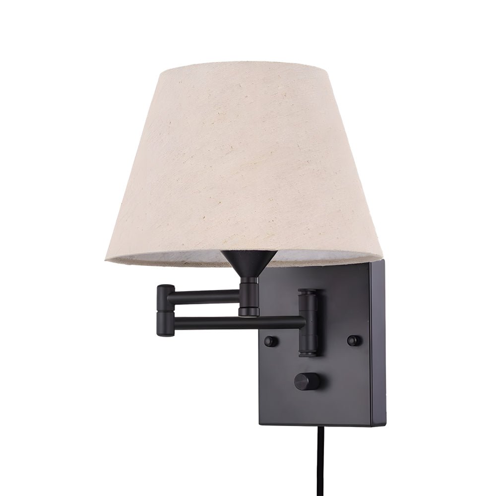 1-Light Linen/Brown/White Plug-In Swing Arm Wall Lamp with Fabric Shade