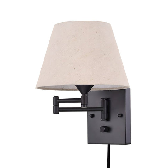 1-Light Linen/Brown/White Plug-In Swing Arm Wall Lamp with Fabric Shade