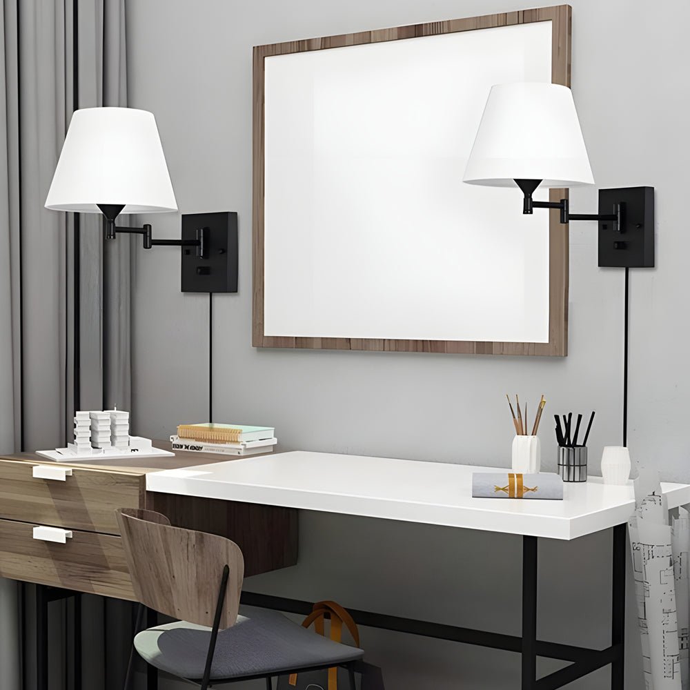 1-Light Linen/Brown/White Plug-In Swing Arm Wall Lamp with Fabric Shade