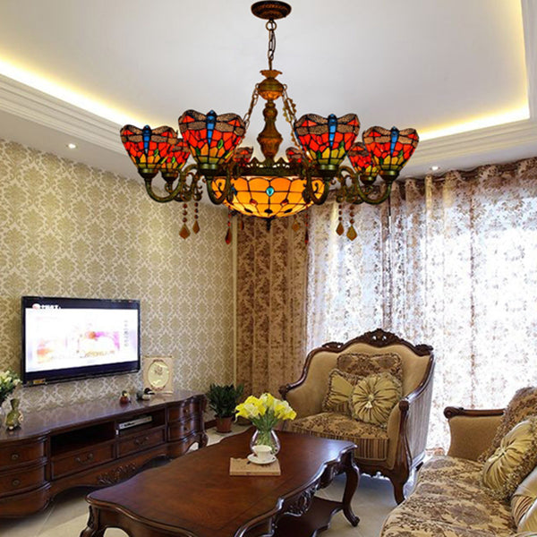 Multicolor Stained Glass Bowl-Shaped Hanging Light: Rustic 9-Light Chandelier with Crystal - Ideal for Bedroom Decor