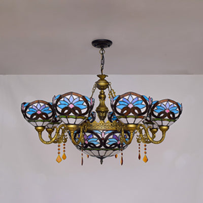 Tiffany Blue 9-Light Crystal Chandelier with Suspension Glass Shade - Bedroom Lighting