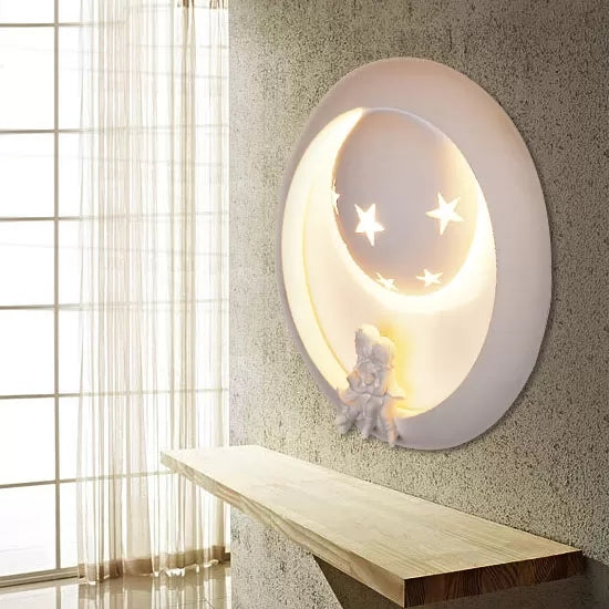 Starry White Resin Wall Sconce with Playful Kids for a Dreamy Bedroom Ambience