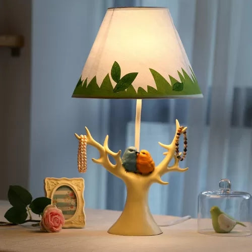 Blue Grass Desk Light: Rustic Resin Lamp for Kids' Bedroom - Bird & Tree Design - 1-Bulb Desk Lamp