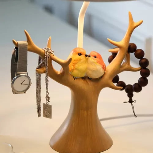 Blue Grass Desk Light: Rustic Resin Lamp for Kids' Bedroom - Bird & Tree Design - 1-Bulb Desk Lamp