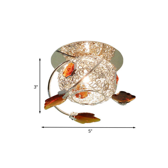 Modern Leaf Corridor Flushmount Light with Faceted Tan Crystal and Globe Cage Shade