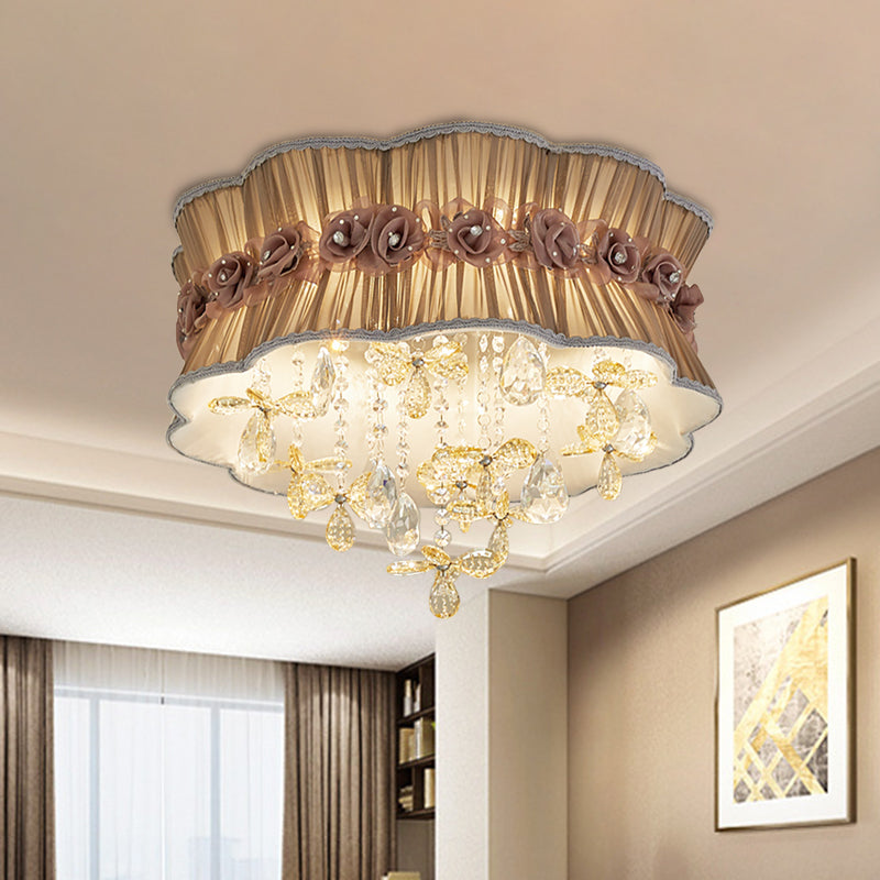 Nordic Crystal Floral Flushmount Light with Sheer Fabric Shade - Coffee/Pink, 6-Bulb, Close to Ceiling