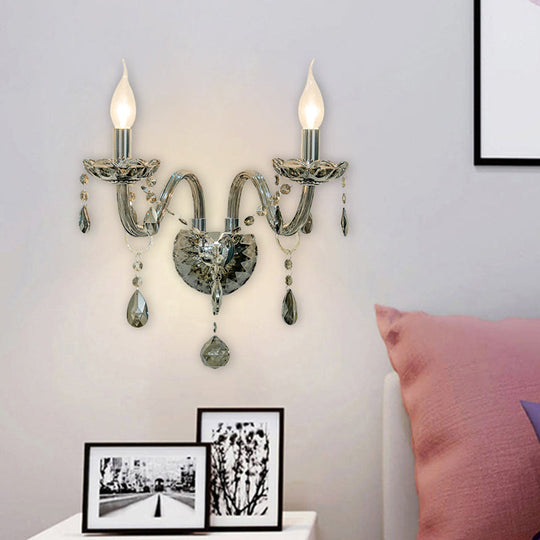 Smoke Grey Crystal Teardrop Wall Sconce Candlestick - Traditional 1/2-Bulb Light
