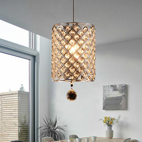 Modern Silver Faceted Crystal Pendant Ceiling Lamp - 1 Head, Cylindrical Design