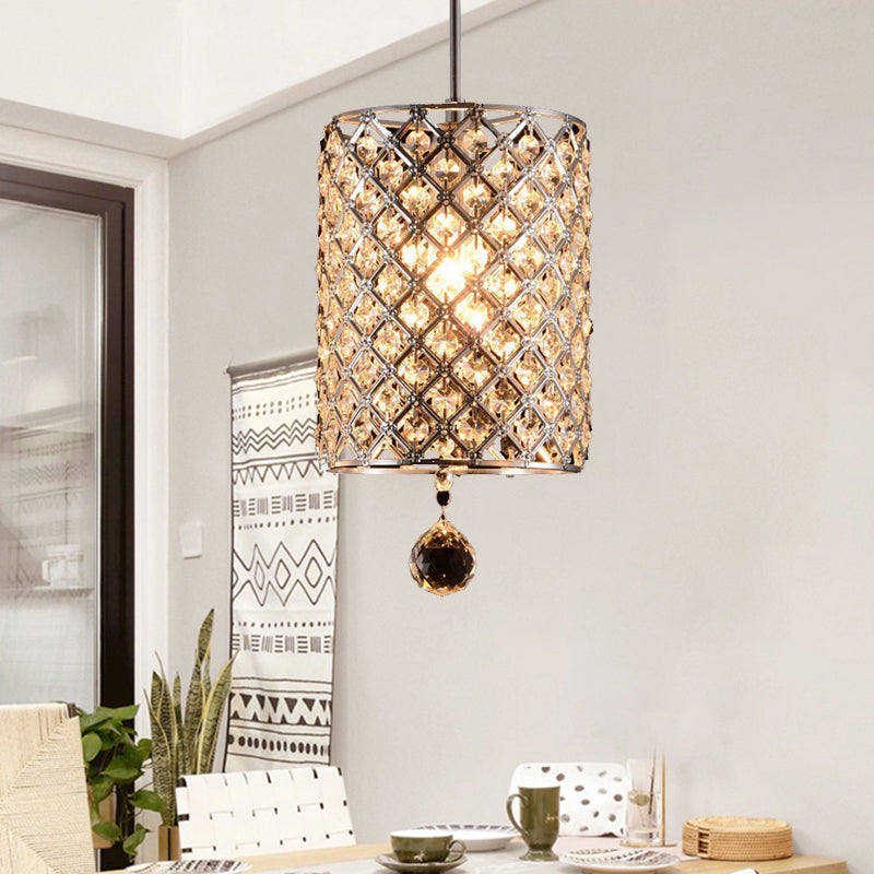Modern Silver Faceted Crystal Pendant Ceiling Lamp - 1 Head, Cylindrical Design