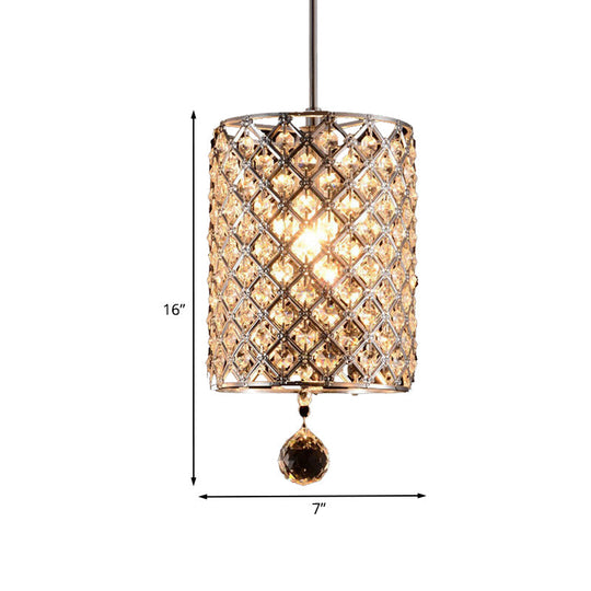 Modern Silver Faceted Crystal Pendant Ceiling Lamp - 1 Head, Cylindrical Design