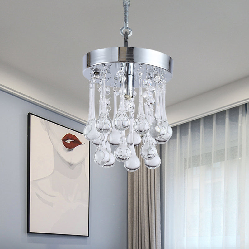 Beveled K9 Crystal Ceiling Light with Raindrop Design: Modern 1-Light Guest Room Pendant in Chrome