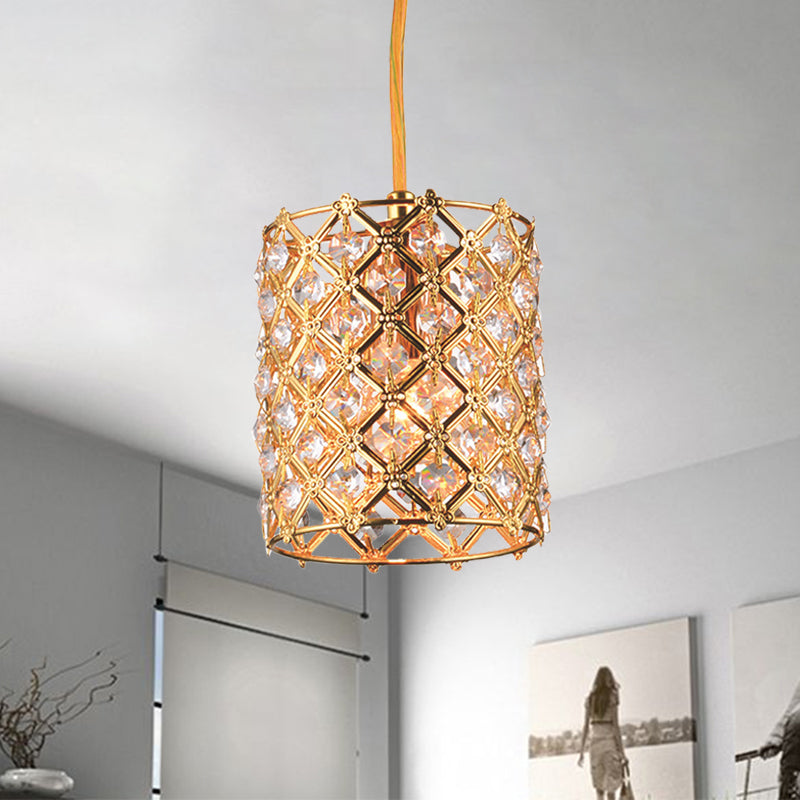 Gold Crystal Ceiling Pendant Light - Hand-Crafted Cylindrical Fixture with Straight Arm - 1 Bulb