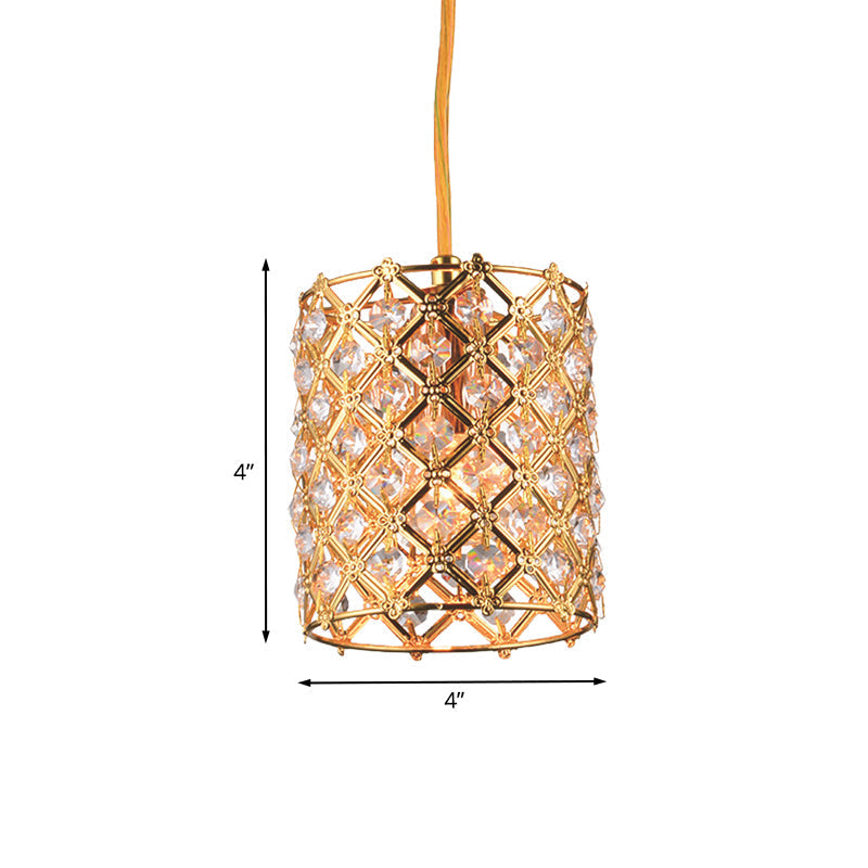 Gold Crystal Ceiling Pendant Light - Hand-Crafted Cylindrical Fixture with Straight Arm - 1 Bulb