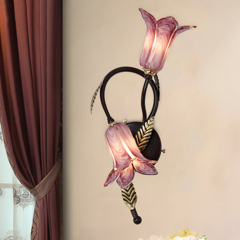 Countryside Opal Glass Wall Sconce with White/Purple Petunia Design - 2-Bulb Bedroom Lighting