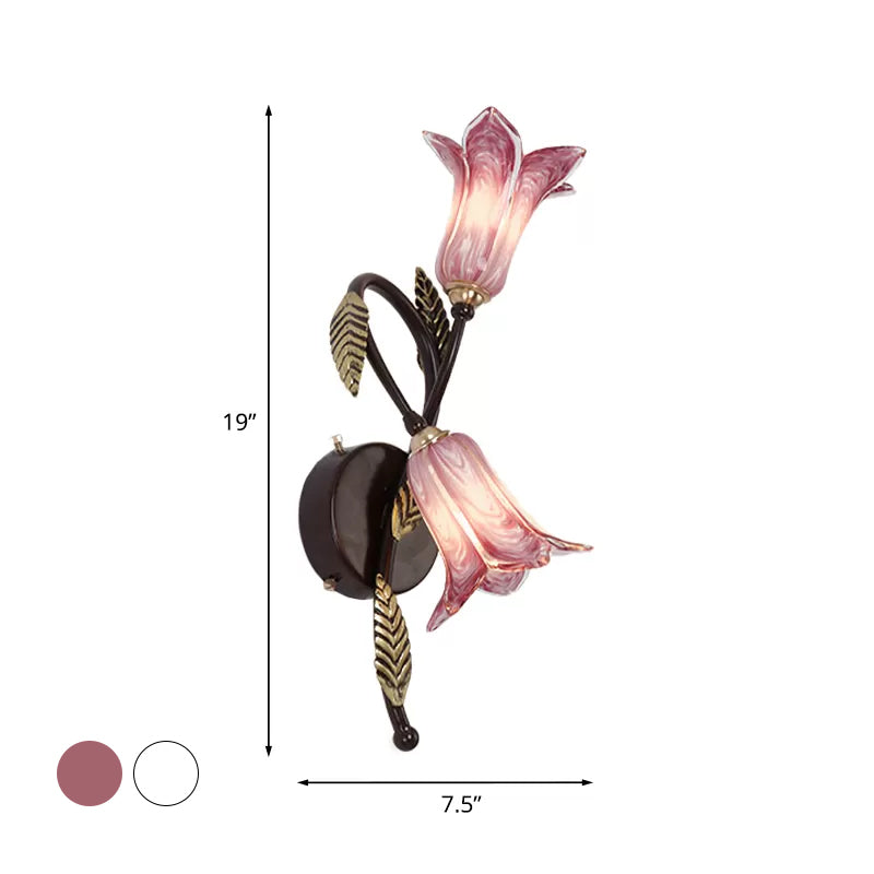 Countryside Opal Glass Wall Sconce with White/Purple Petunia Design - 2-Bulb Bedroom Lighting