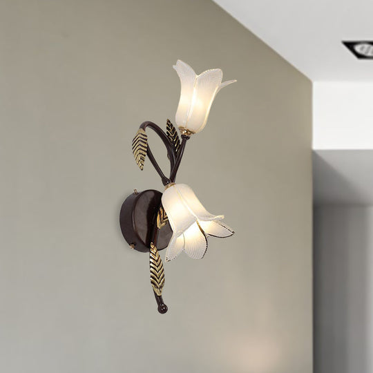Countryside Opal Glass Wall Sconce with White/Purple Petunia Design - 2-Bulb Bedroom Lighting