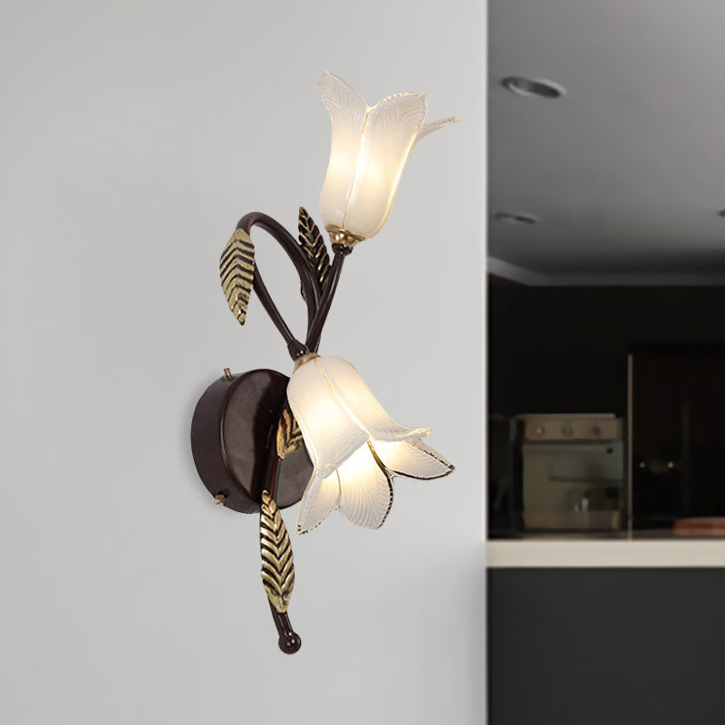 Countryside Opal Glass Wall Sconce with White/Purple Petunia Design - 2-Bulb Bedroom Lighting