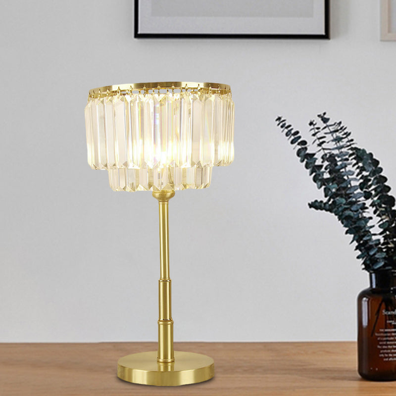 Modern Brass Drum Table Lamp with Clear Hand-Cut Crystal LED Light for Dining Room