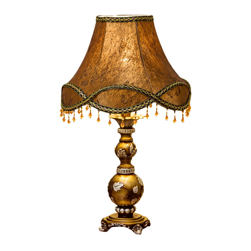 Traditional Brown Fabric 1-Light Table Lamp with Scalloped Bell Design, 13"/16" Width