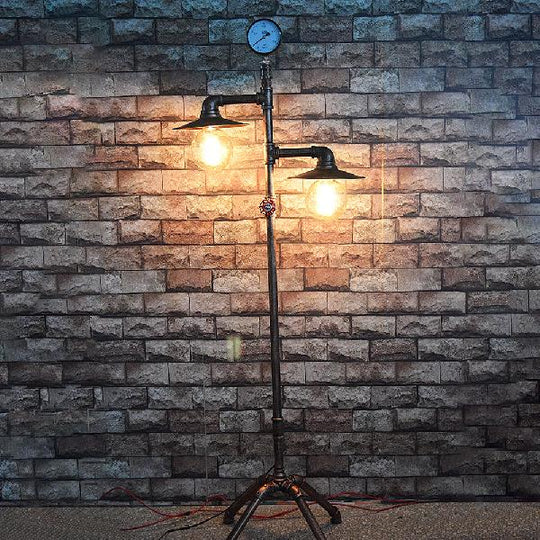 Antique Style Wrought Iron Floor Lamp with Flat Bronze Shade - 2 Lights - Perfect for Living Room