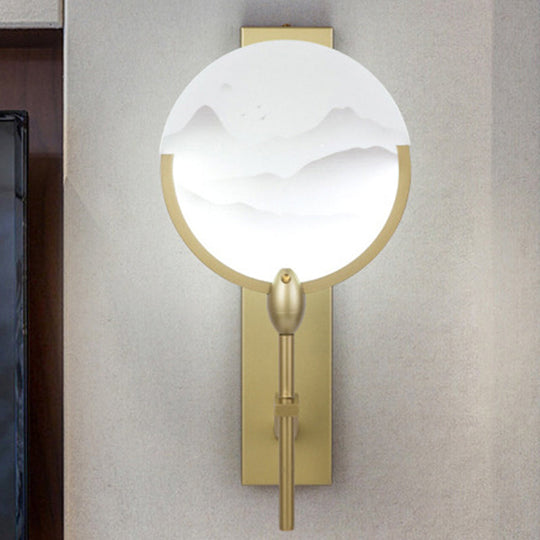 Chinese Round Fan LED Wall Light Fixture in Gold - Acrylic Bedside Mural Sconce