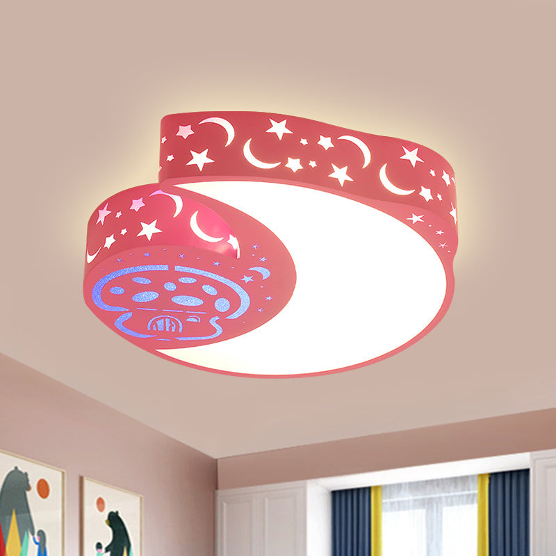 Metal Moon and Mushroom LED Flush Light Fixture - Kids' Pink Flush Mount Lamp