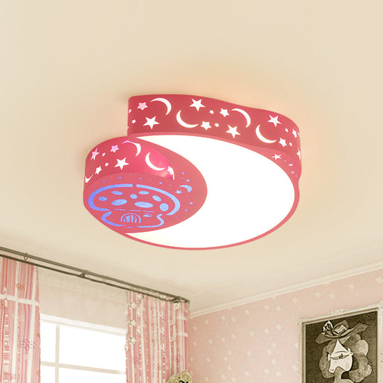 Metal Moon and Mushroom LED Flush Light Fixture - Kids' Pink Flush Mount Lamp