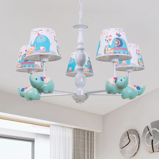 Light Blue Resin Elephant Chandelier – 5/6 Heads, Cartoon Style, Pendant Ceiling Light with Fabric Shade & Barrel Pattern