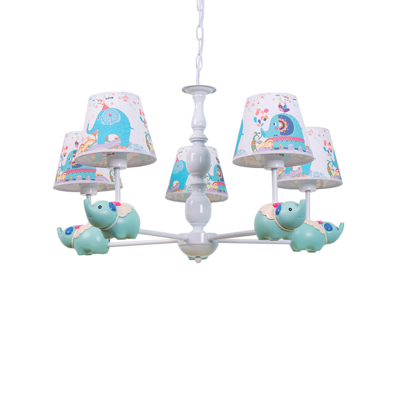Light Blue Resin Elephant Chandelier – 5/6 Heads, Cartoon Style, Pendant Ceiling Light with Fabric Shade & Barrel Pattern