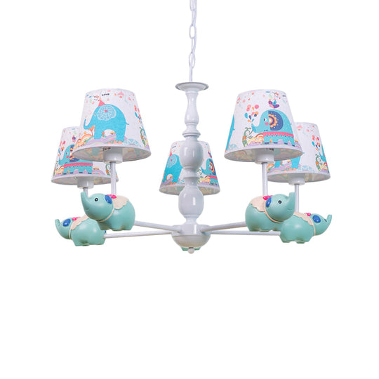 Light Blue Resin Elephant Chandelier – 5/6 Heads, Cartoon Style, Pendant Ceiling Light with Fabric Shade & Barrel Pattern