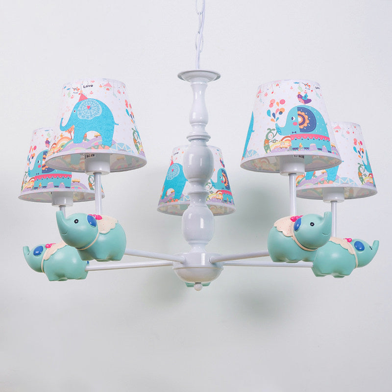 Light Blue Resin Elephant Chandelier – 5/6 Heads, Cartoon Style, Pendant Ceiling Light with Fabric Shade & Barrel Pattern