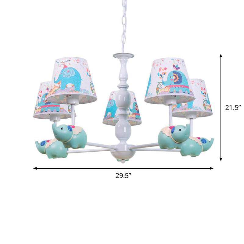 Light Blue Resin Elephant Chandelier – 5/6 Heads, Cartoon Style, Pendant Ceiling Light with Fabric Shade & Barrel Pattern