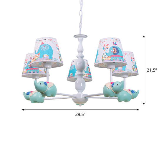 Light Blue Resin Elephant Chandelier – 5/6 Heads, Cartoon Style, Pendant Ceiling Light with Fabric Shade & Barrel Pattern