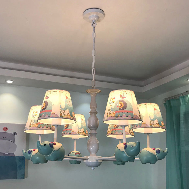 Light Blue Resin Elephant Chandelier – 5/6 Heads, Cartoon Style, Pendant Ceiling Light with Fabric Shade & Barrel Pattern