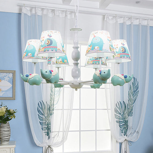 Light Blue Resin Elephant Chandelier – 5/6 Heads, Cartoon Style, Pendant Ceiling Light with Fabric Shade & Barrel Pattern