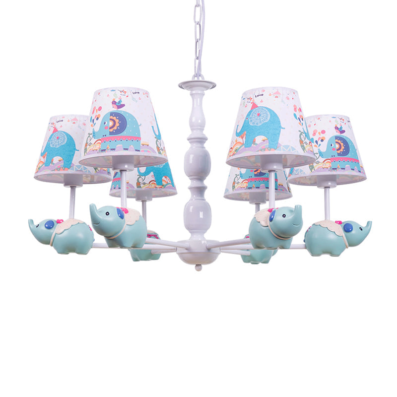 Light Blue Resin Elephant Chandelier – 5/6 Heads, Cartoon Style, Pendant Ceiling Light with Fabric Shade & Barrel Pattern