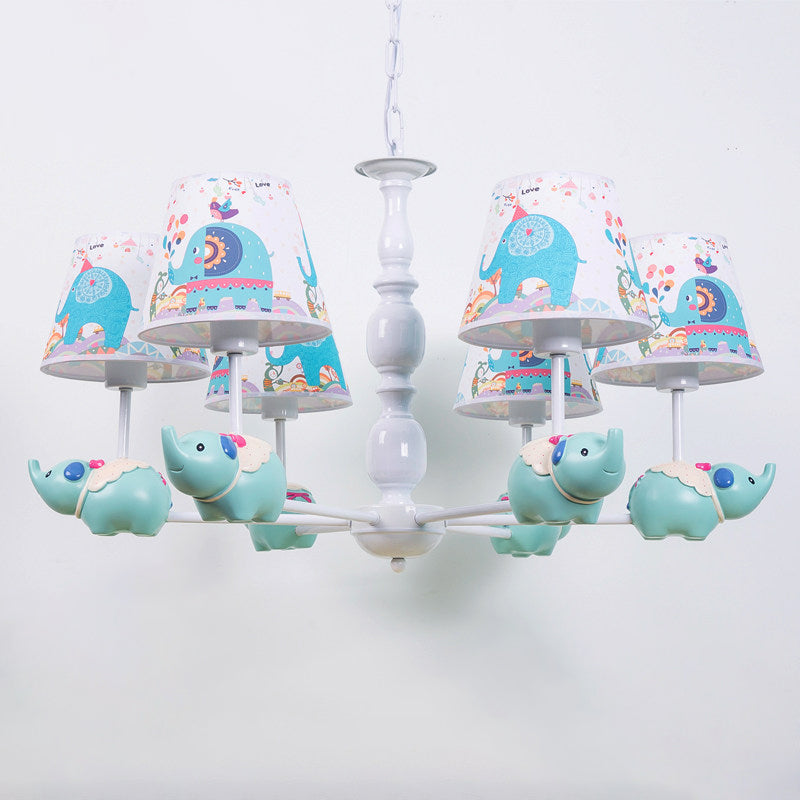 Light Blue Resin Elephant Chandelier – 5/6 Heads, Cartoon Style, Pendant Ceiling Light with Fabric Shade & Barrel Pattern