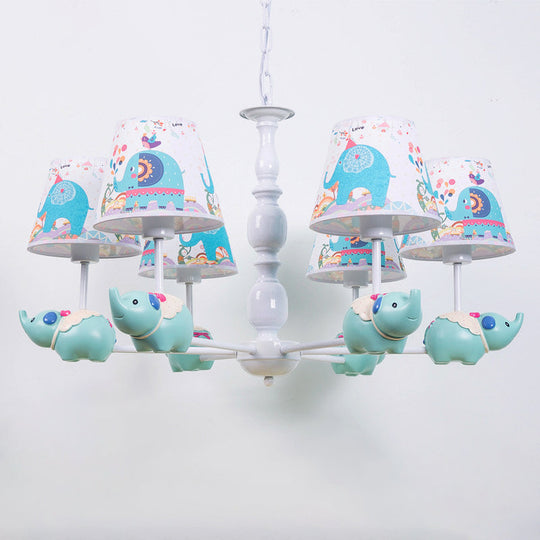 Light Blue Resin Elephant Chandelier – 5/6 Heads, Cartoon Style, Pendant Ceiling Light with Fabric Shade & Barrel Pattern