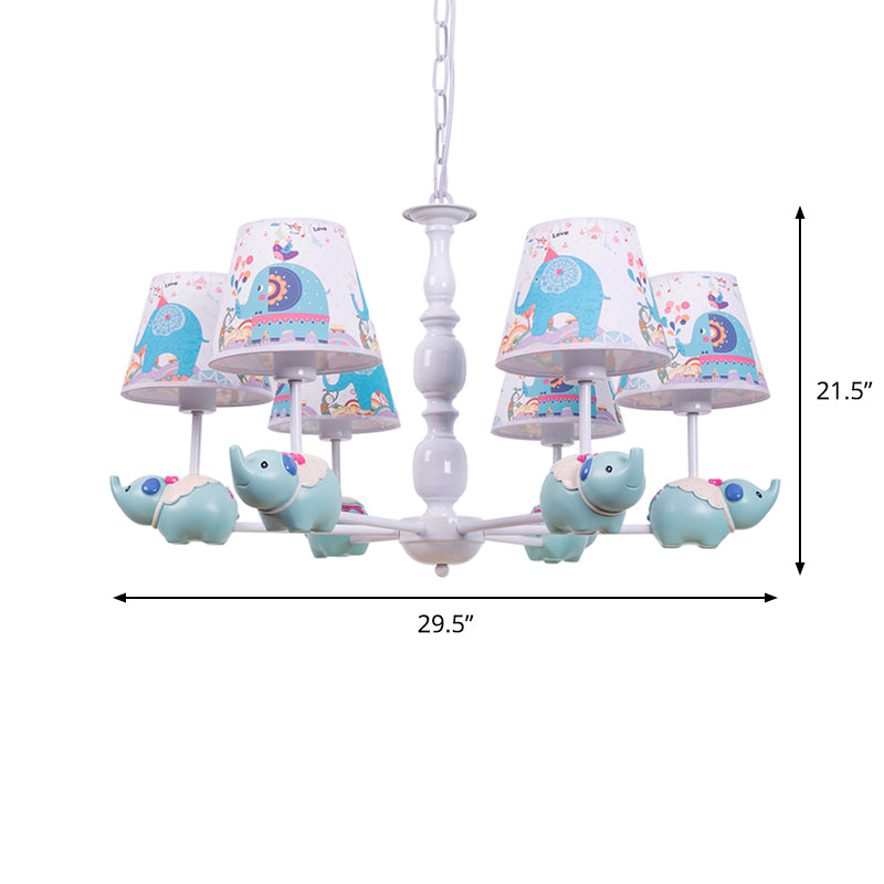 Light Blue Resin Elephant Chandelier – 5/6 Heads, Cartoon Style, Pendant Ceiling Light with Fabric Shade & Barrel Pattern