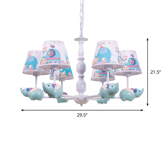 Light Blue Resin Elephant Chandelier – 5/6 Heads, Cartoon Style, Pendant Ceiling Light with Fabric Shade & Barrel Pattern