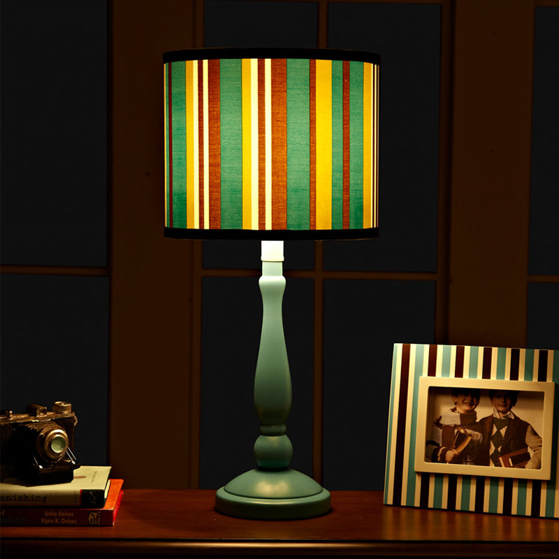 Modern Blue Nightstand Lamp with Fabric Drum Shade - 1 Bulb Bedroom Night Table Light