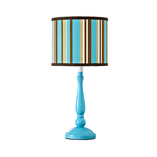 Modern Blue Nightstand Lamp with Fabric Drum Shade - 1 Bulb Bedroom Night Table Light