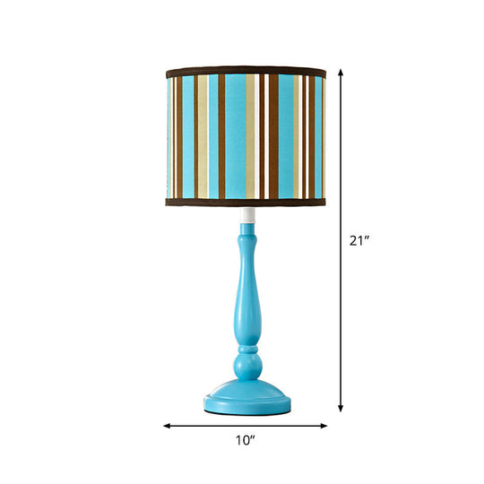 Modern Blue Nightstand Lamp with Fabric Drum Shade - 1 Bulb Bedroom Night Table Light