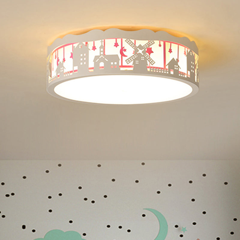 Kids Cartoon House Drum Flushmount LED Ceiling Light in Warm/White - Playroom Lamp