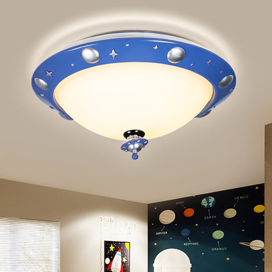 Blue UFO Kids Room LED Ceiling Flush Mount Light with White Glass Shade